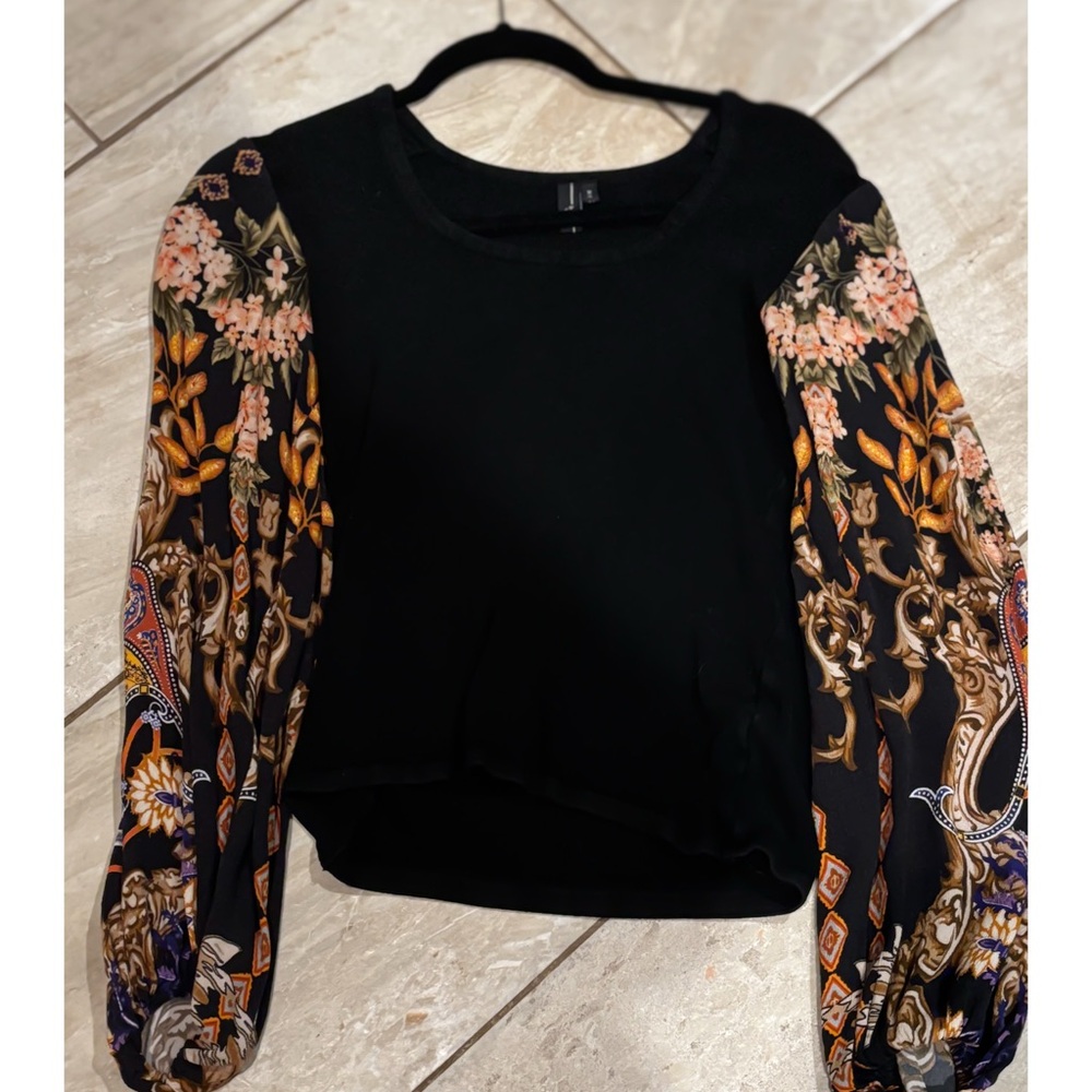 Anthropolgie Floral Sleeve Black Top